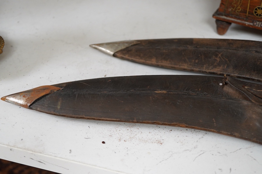 A Victorian brass inlaid rosewood workbox, together with two kukri knives, each 45cm in length